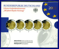 2 Euro 2013 ADFGJ, 50 Jahre Élysée-Vertrag, kpl. Serie im Blister ...